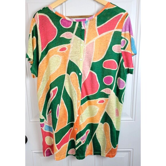 Christian Siriano Plus Size Linen Short Sleeve Top 1X Artsy Colorful - Picture 6 of 6